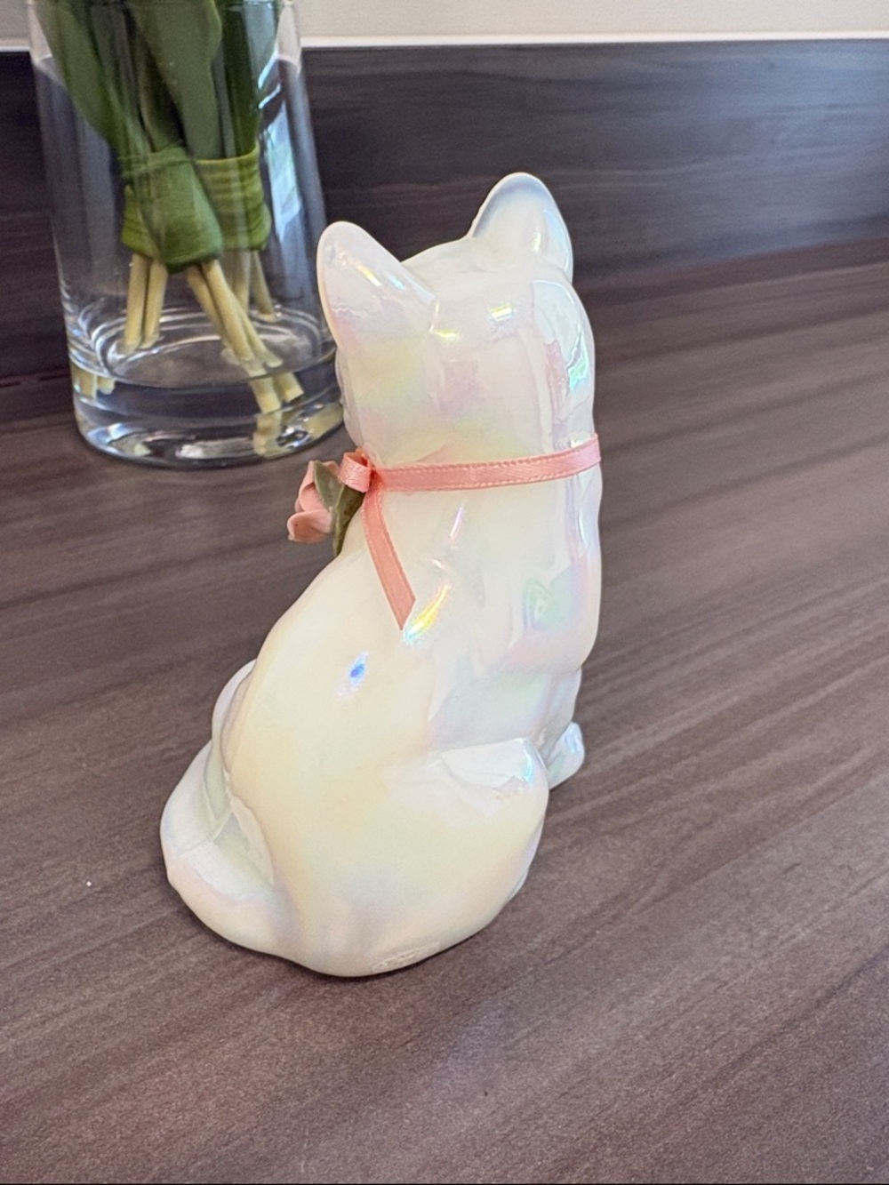 Fenton Opalescent Cat Figurine with Pink Ribbon and Rose - Picture 2 of 6
